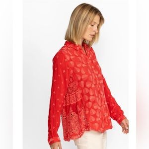 Johnny Was “Pine Desi” size Medium embroidered eyelet blouse in Mars Red